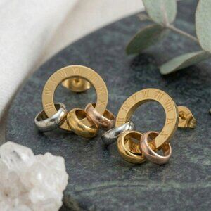 Tri Color Roman Numeral Circle Stud Earrings Hypoallergenic Stainless Steel